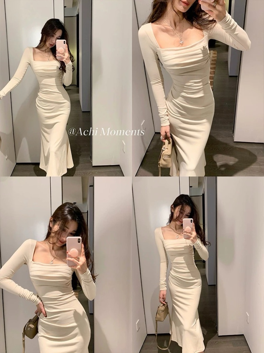 Elegant Long-Sleeve Cream Square-Neck Maxi Dress